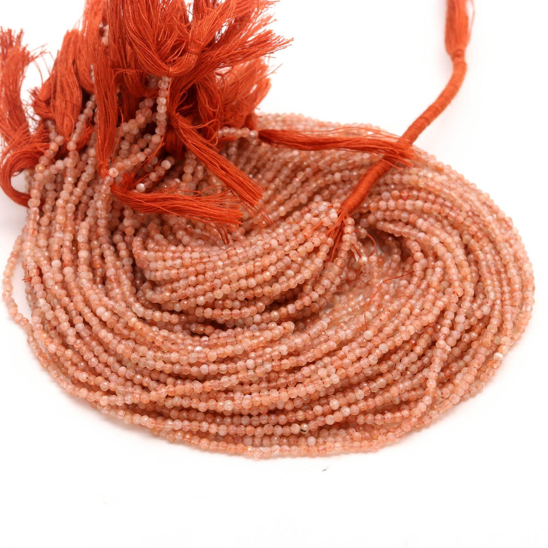 Natural Sunstone Round Beads, Natural Red Sunstone Micro Faceted Beads, 2 MM Beads for Jewelry, 13 Inches, Wholesale Beads, Necklace Making