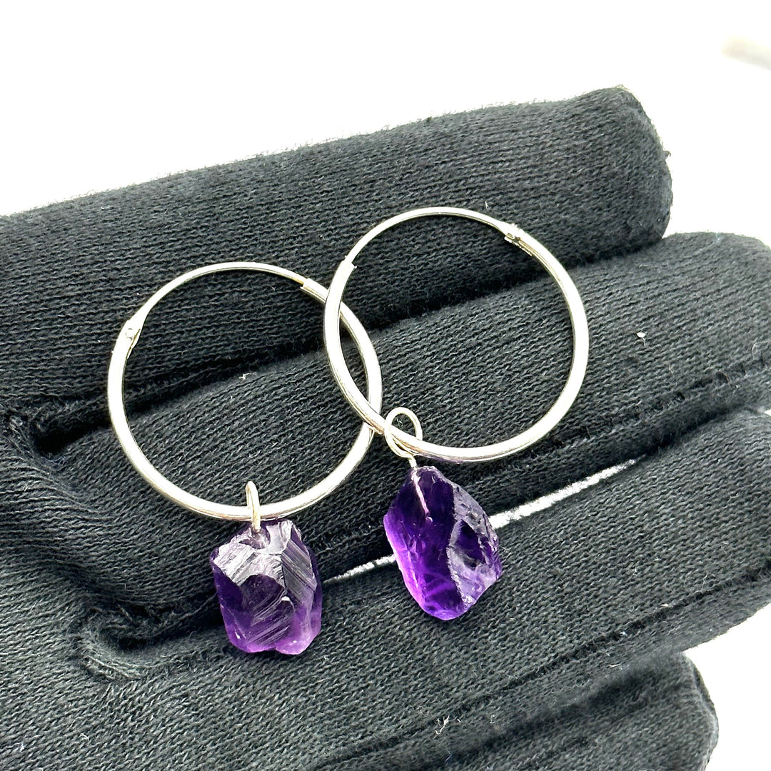 Raw Amethyst Hoop Earrings: Handmade Brass February Birthstone