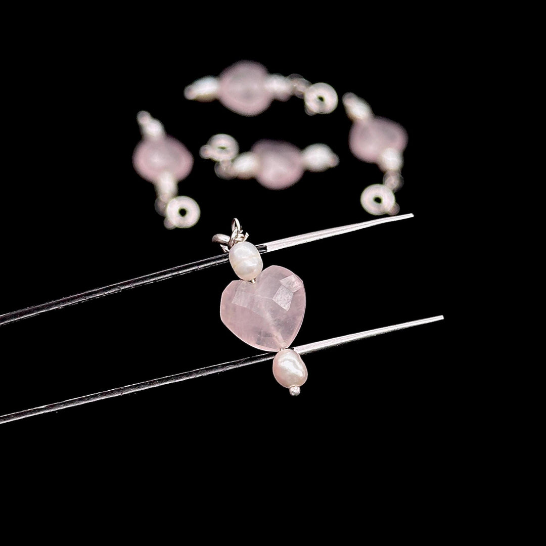 925 Silver Charms, Natural Rose Quartz and Pearl Handmade Charm for Jewelry, Rose Quartz Heart Silver Charms, Gemstone Beads, Craft Making