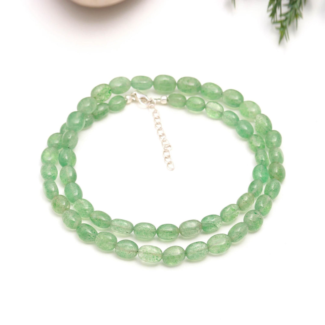 Green Strawberry Oval Beads Necklace, Smooth Oval Beaded Necklace, Sterling Silver Gemstone Jewelry, Bridesmaid Necklace Gifts