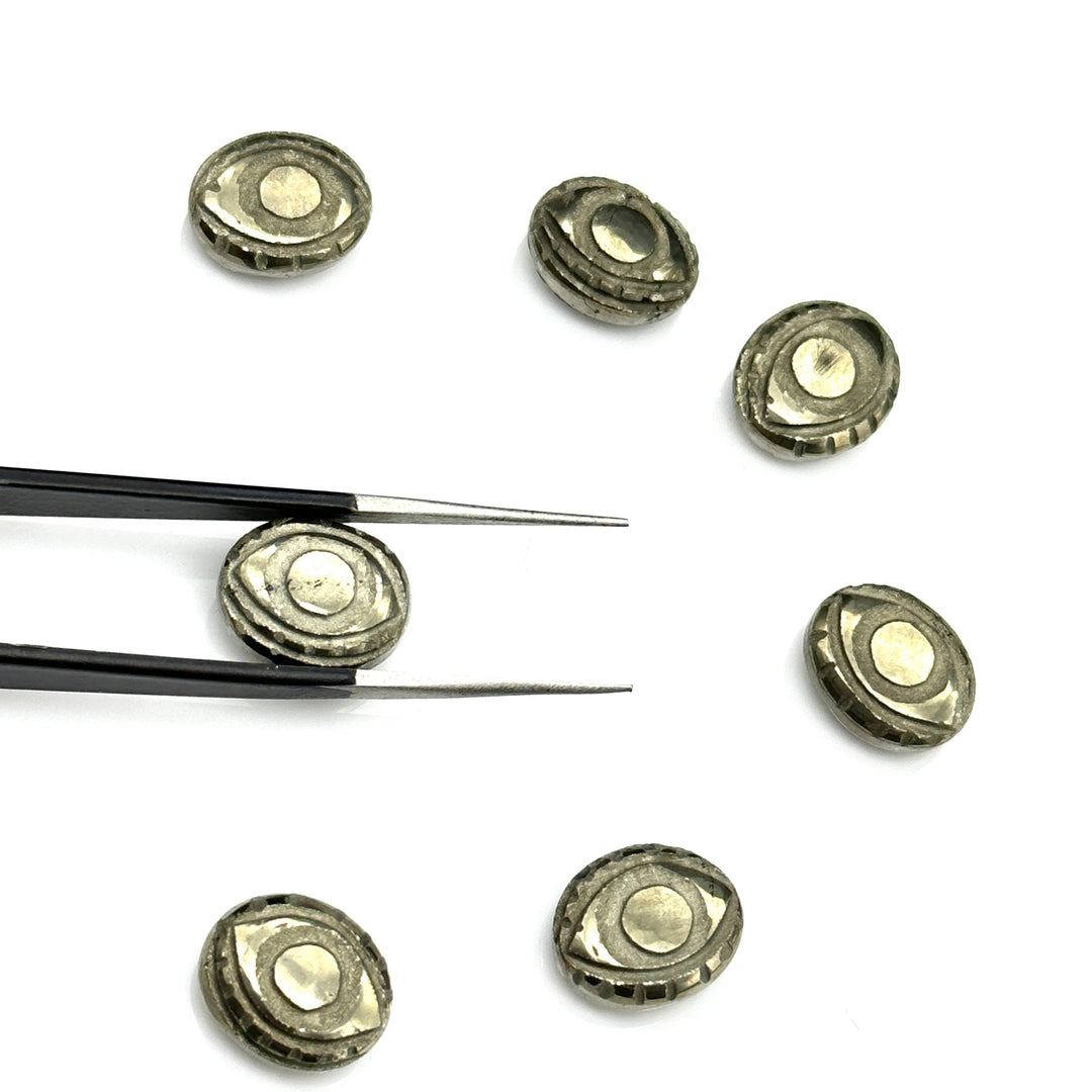 Natural Pyrite Evil Eye Beads, Hand Carved Gemstone Beads, Loose Oval Eye Beads, Pyrite Evil Eye Charm Beads, Loose Carving Beads 10X12 MM