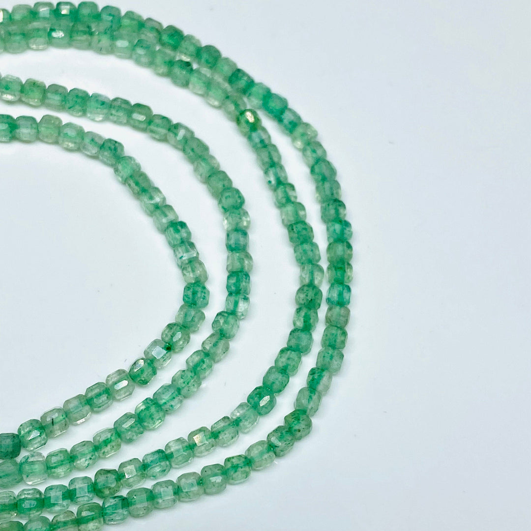 Green Strawberry Gemstone Beads: 3mm Faceted Box Shape, 6" Strand