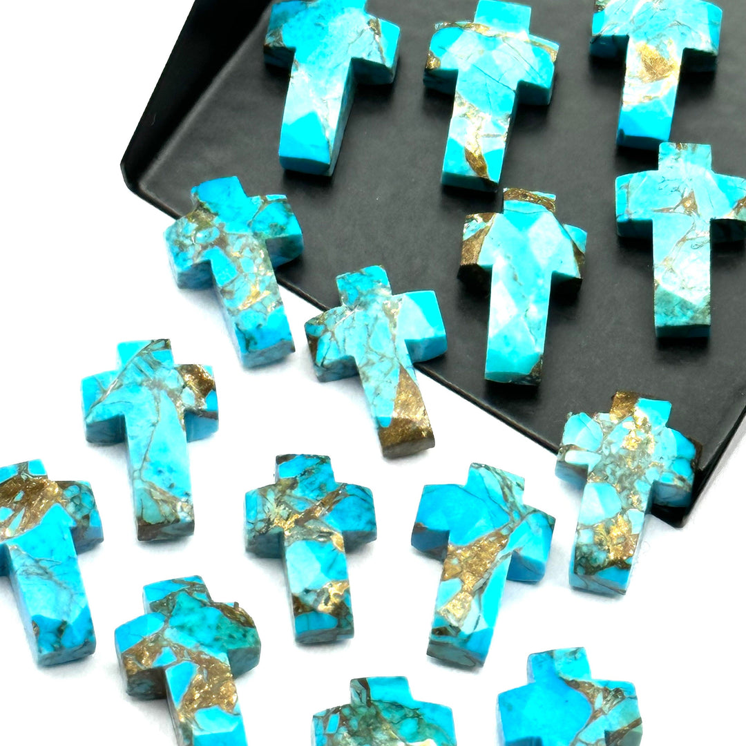 Faceted Copper Turquoise Cross Beads: Spiritual Gemstone Charms (15mm)