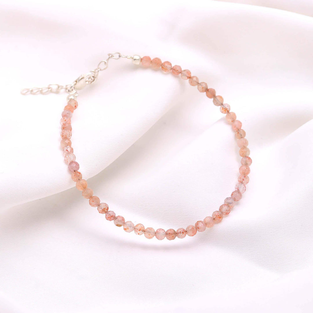 Natural Sunstone Handmade Bracelet, Faceted Red Sunstone Beaded Bracelet, Fancy Silver Gemstone Anklet for Girls, Gift for Valentines