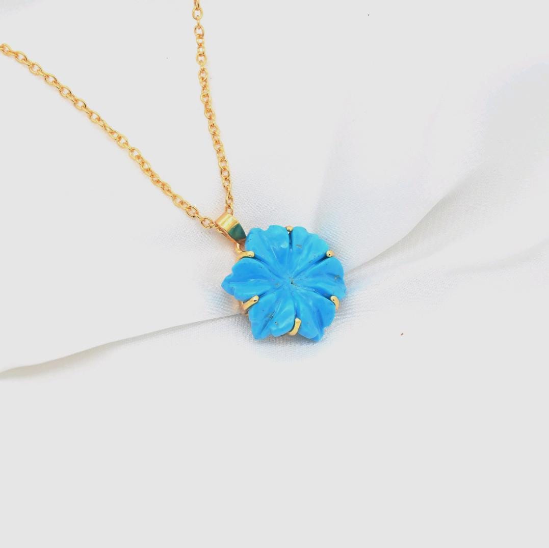 Carved Blue Turquoise Flower Pendant, AAA Turquoise Gemstone Necklace For Her, 19 mm Flower, Birthday Gift For Women, Blue Turquoise Flower