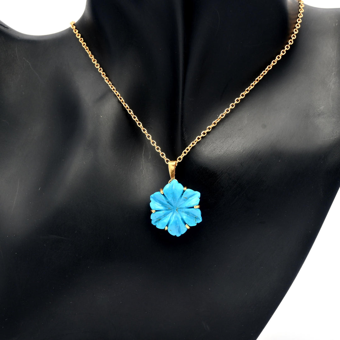 Carved Blue Turquoise Flower Pendant, AAA Turquoise Gemstone Necklace For Her, 19 mm Flower, Birthday Gift For Women, Blue Turquoise Flower