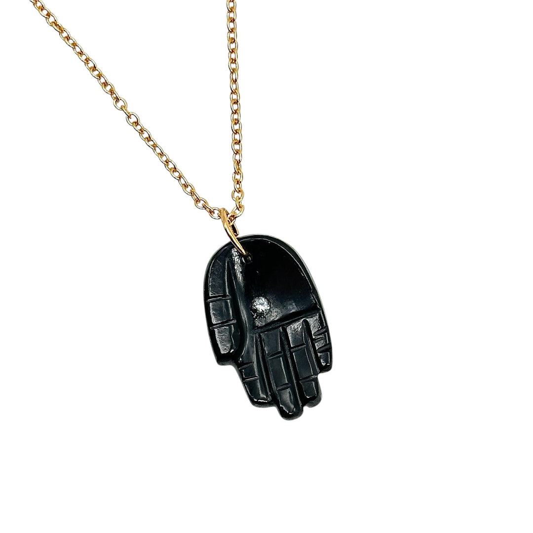 Genuine Black Onyx Hamsa Necklace, Gemstone Hamsa Necklace Gift For Her, Reiki Healing Jewelry, Black Charm Protection Necklace 25 MM Hamsa