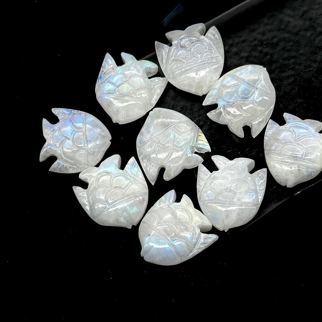 Natural Rainbow Moonstone Fish Shape Stones, AAA Moonstone Fish Hand Carved Beads, White Marine Fishes, Deep Sea Gemstone Fishes 16X17 MM