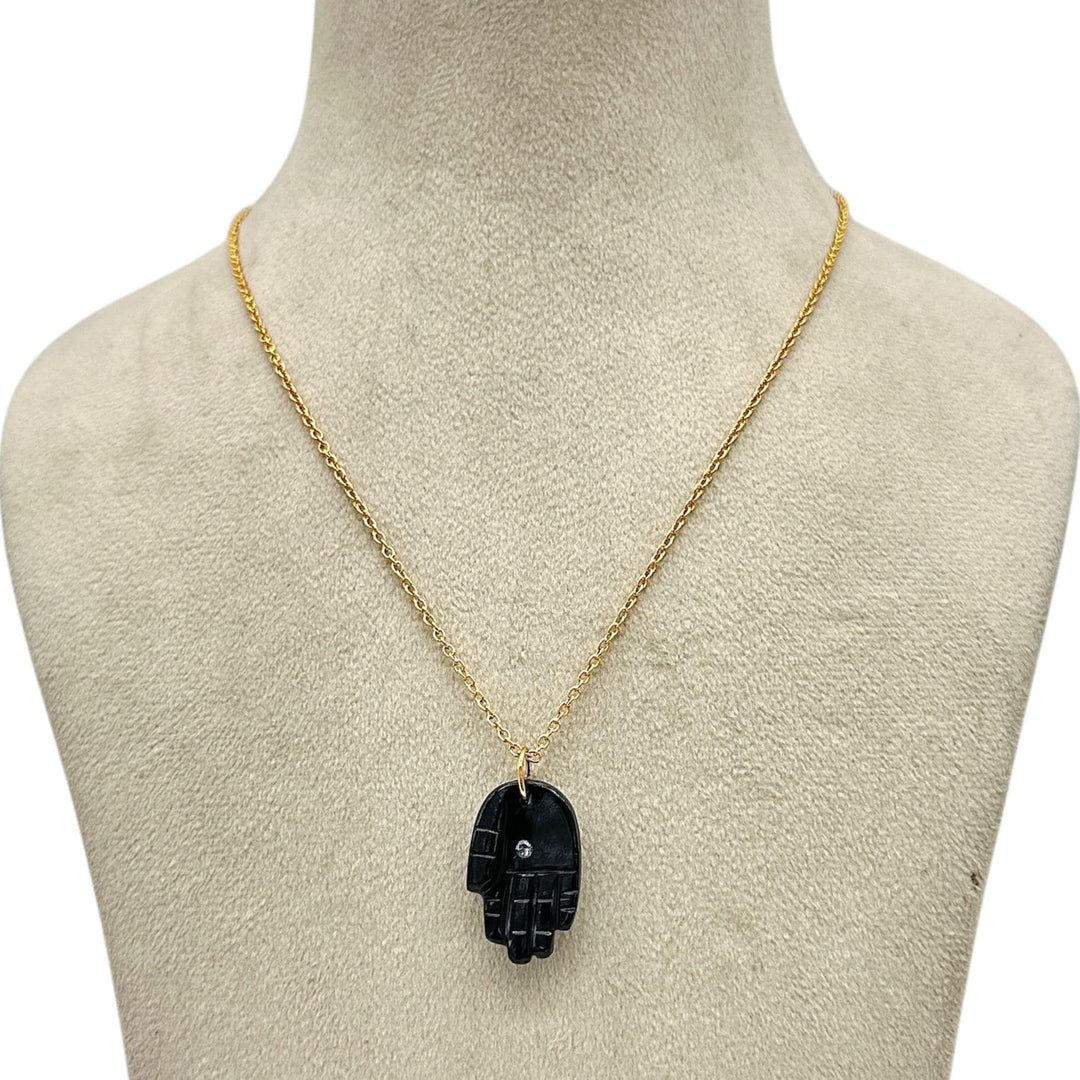 Genuine Black Onyx Hamsa Necklace, Gemstone Hamsa Necklace Gift For Her, Reiki Healing Jewelry, Black Charm Protection Necklace 25 MM Hamsa