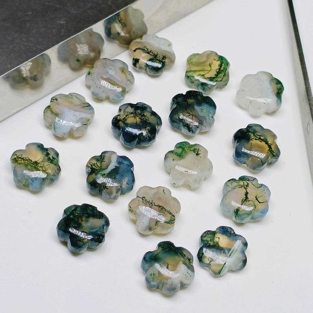2,3,4,5 Pcs Natural Moss Agate Hand Carved Flower Shape, Carved Flower Shape Gemstone For Jewellery, Flower Shape Gemstone, 10 mm