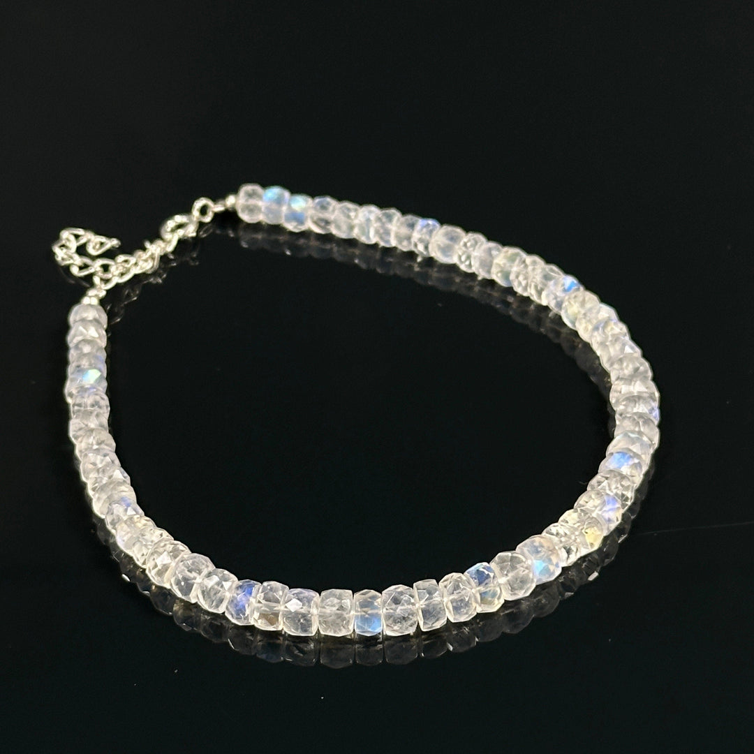 Top Quality Rainbow Moonstone Beads Bracelet, Natural Blue Flash Beads Bracelet, White Rainbow Bracelet, Gemstone Silver Anklet For Girls