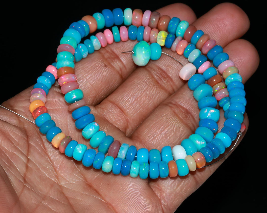 Multi Disco Ethiopian Opal Smooth Beads, AAA Multi Opal Rondelle Beads, Multi Rainbow Fire Beads, Loose Opal Beads, 6-8 MM, Blue & Pink Opal