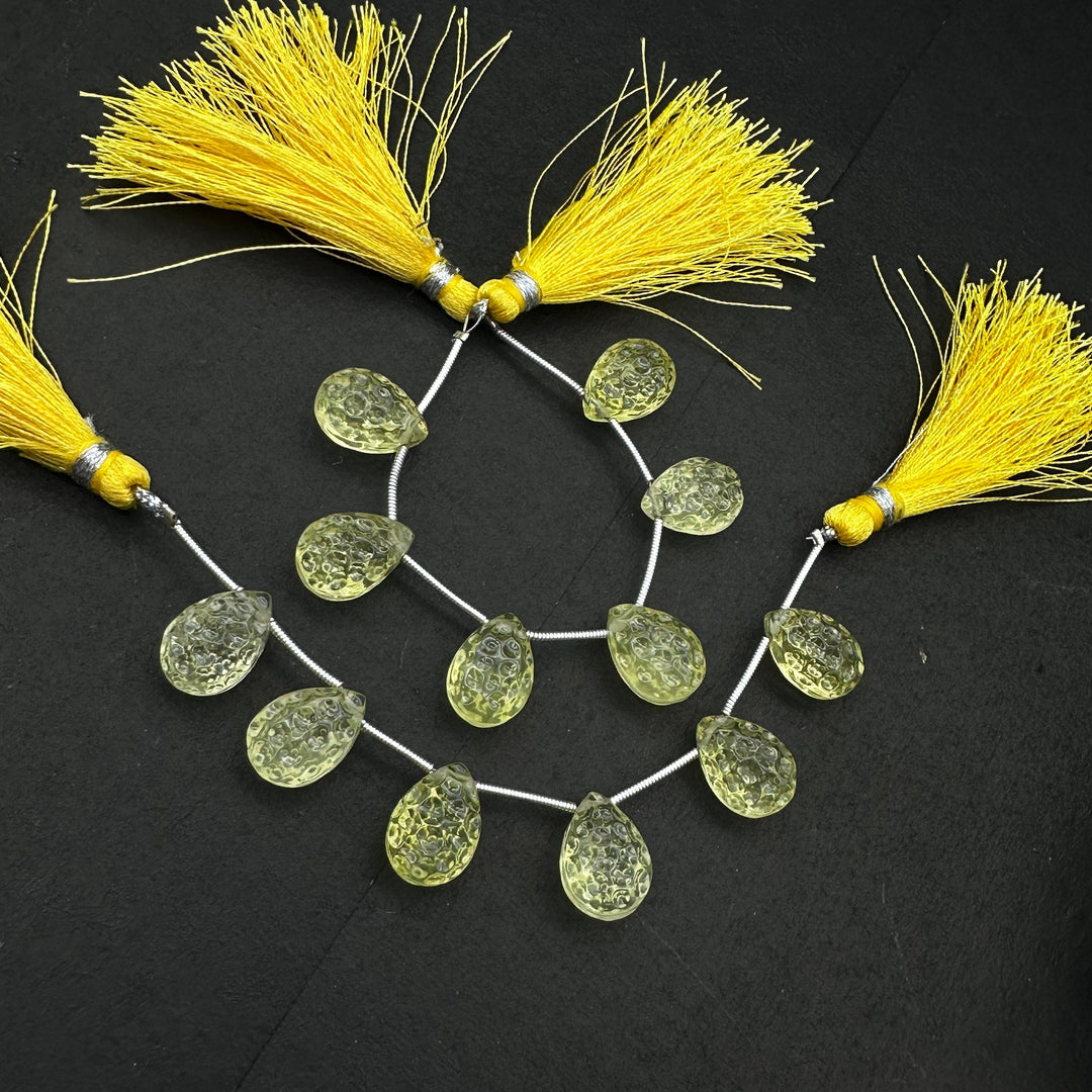 Natural Lemon Quartz Pear Shape Carving ~ Football Cutting Lemon Quartz Gemstones ~ 10X14MM Hand Carved Briolette ~ Wholesale Gemstone Beads