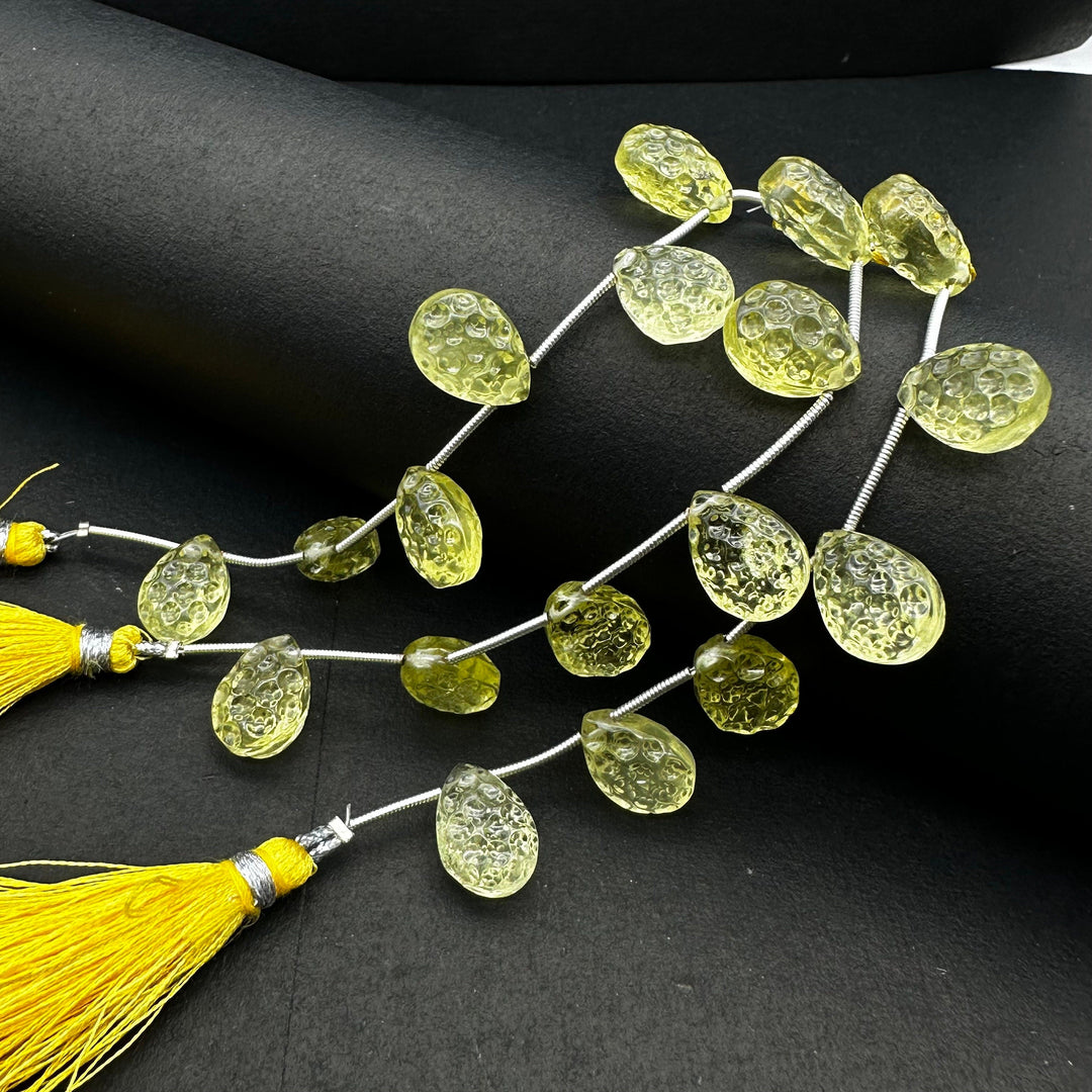 Natural Lemon Quartz Pear Shape Carving ~ Football Cutting Lemon Quartz Gemstones ~ 10X14MM Hand Carved Briolette ~ Wholesale Gemstone Beads