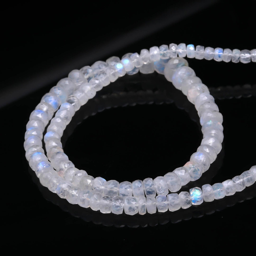 Rainbow Moonstone Faceted Rondelle Beads, Flashy White Gemstone, 4" Strand