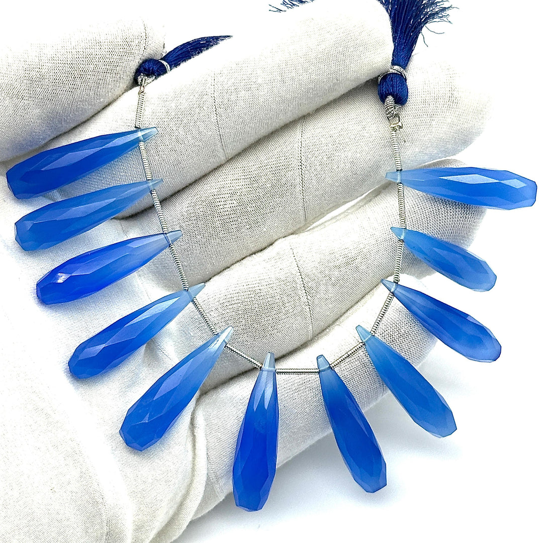 Matched Pairs - Blue Chalcedony Long Drop Shape Briolette's, Faceted Teardrop Beads, 7X30 mm Deep Blue Color Drops For Earring Making