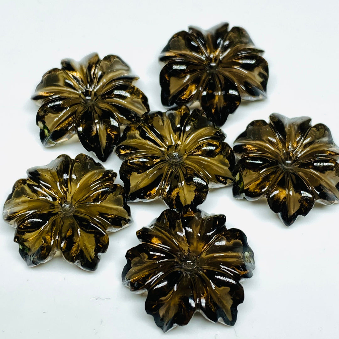 1,2,3,4,5,6 pcs 100% Natural Smokey Quartz Flower Shape Carved Gemstone, Flower Shape Carving, Carved Gemstone For Jewellery 19 mm