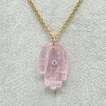 Load image into Gallery viewer, Natural Rose Quartz Hamsa Necklace, Pink Quartz Gemstone Hamsa Necklace For Gift, Reiki Healing Jewelry Pink Charm Protection Necklace 25 MM