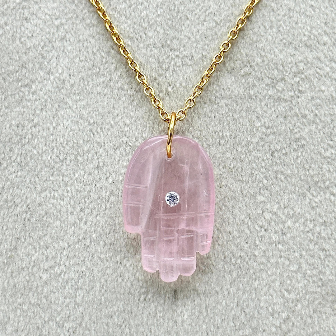 Natural Rose Quartz Hamsa Necklace, Pink Quartz Gemstone Hamsa Necklace For Gift, Reiki Healing Jewelry Pink Charm Protection Necklace 25 MM