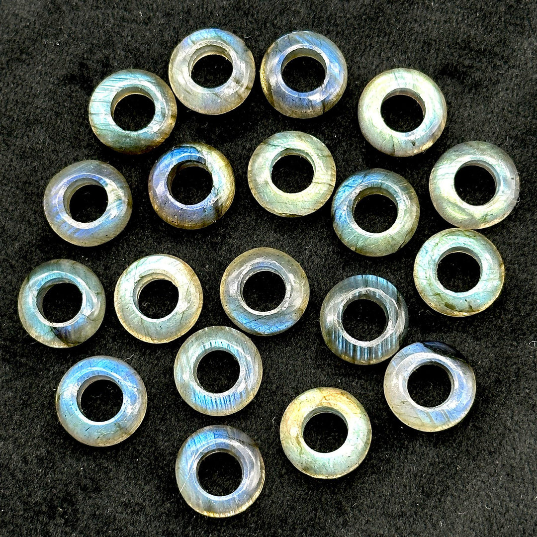 Labradorite Donut Gemstone Beads: 12mm Blue Fire Carved Jewelry