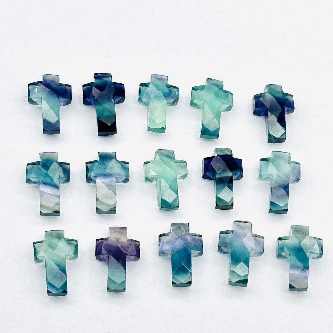 Multi Fluorite Cross Shape Beads ~ Healing & Protection Gemstone Beads ~ Faceted Multi Fluorite Beads ~ 15 MM Fluorite Cross Charm Beads