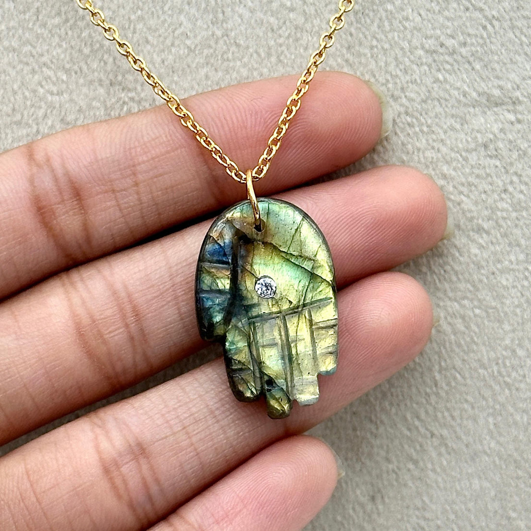 Natural Labradorite Hamsa Necklace, Blue Flashy Gemstone Hamsa Necklace For Gift, Reiki Healing Jewelry, Flashy Labradorite Necklace