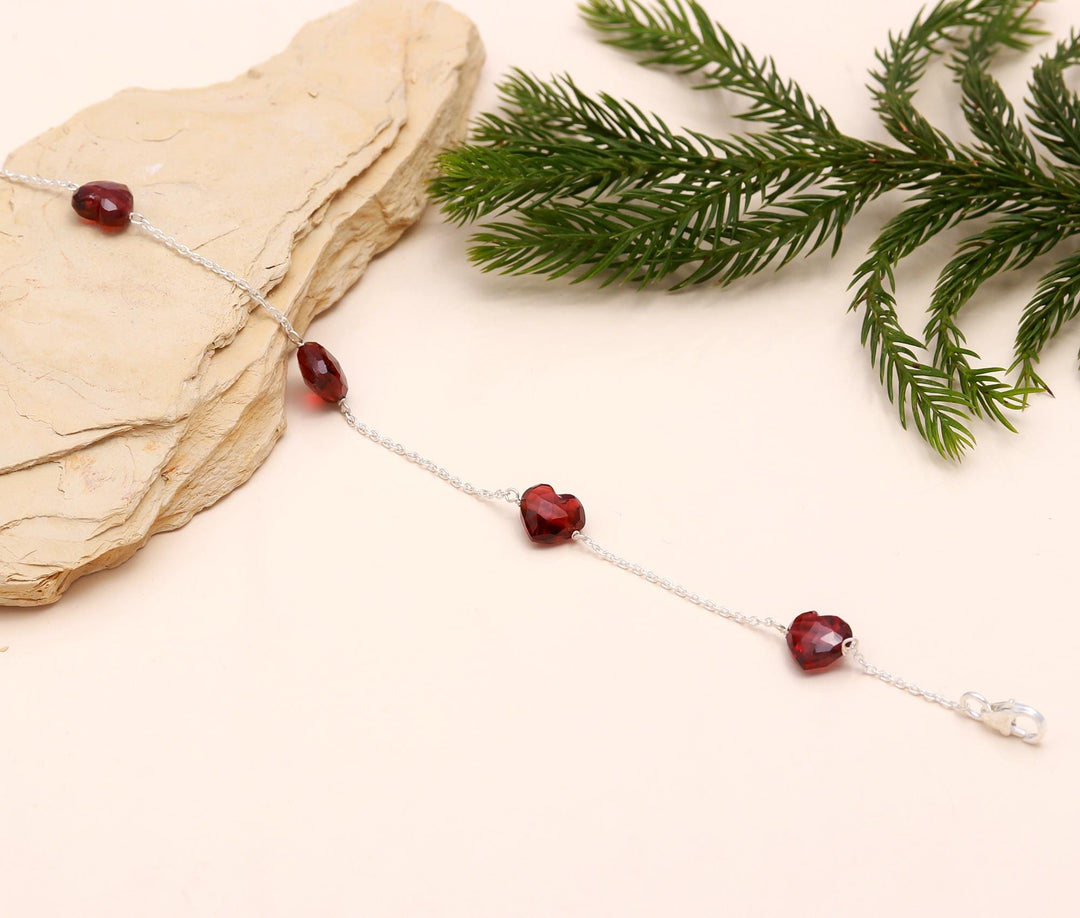 Red Garnet Heart Bracelet, Natural Garnet Faceted Heart Beads Bracelet, January Birthstone Silver Bracelet, Mini Heart Jewelry, Girls Gifts
