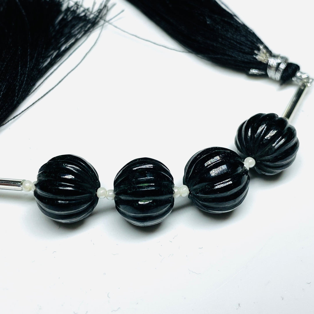 1,2,3,4,5 pcs 100% Natural Black Spinel Carved Melon Shape Beads Strand, Melon Shape Gemstone, Gemstone For Jewellery, 12 mm