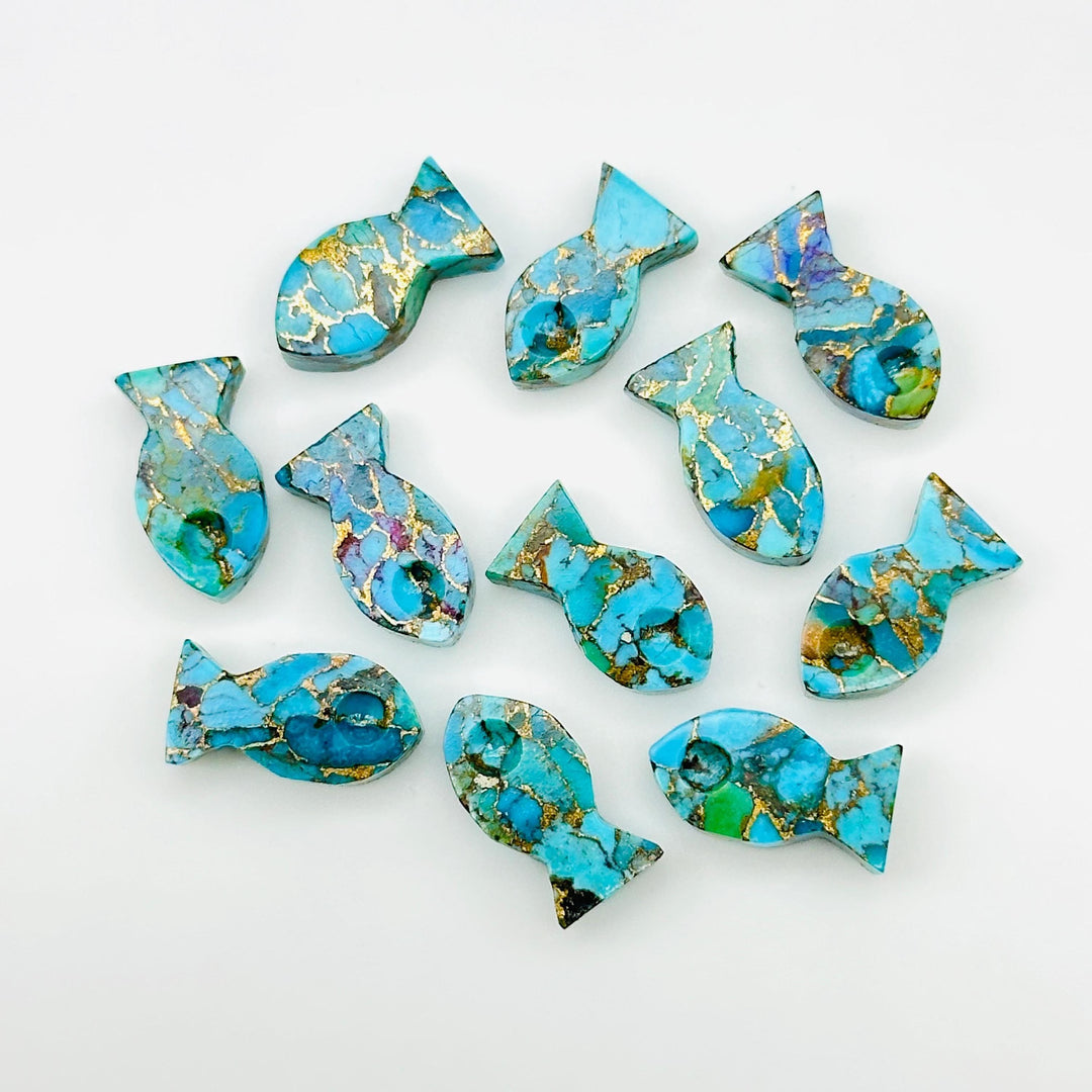 Carved Copper Turquoise Fish Charm: Loose Gemstone (7X14 MM)