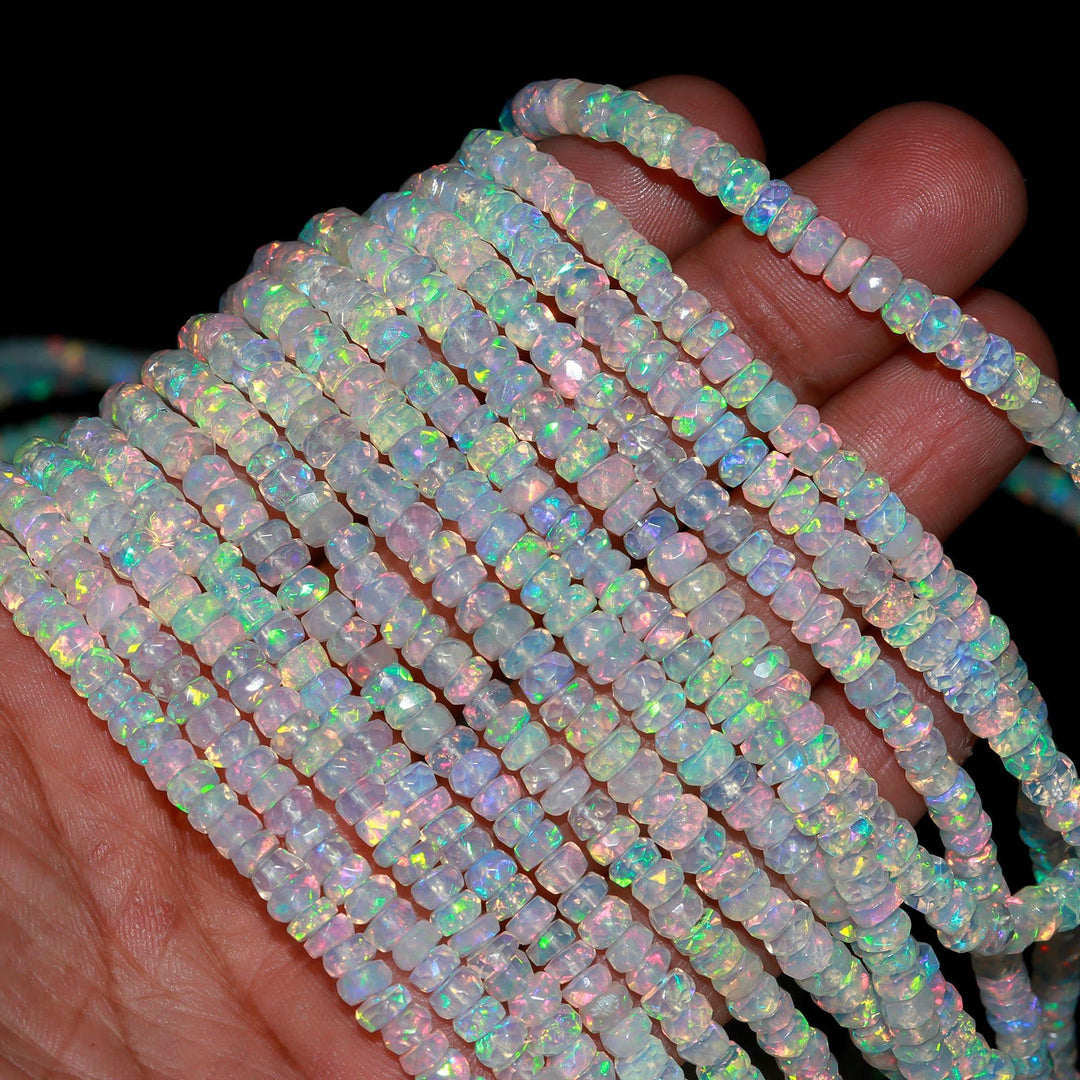 Natural Ethiopian Opal Rondelle Beads, AAA Flashy White Opal Faceted Jewelry Beads, Multi Fire Welo Opal Beads, Wholesale Beads, 4-5 MM