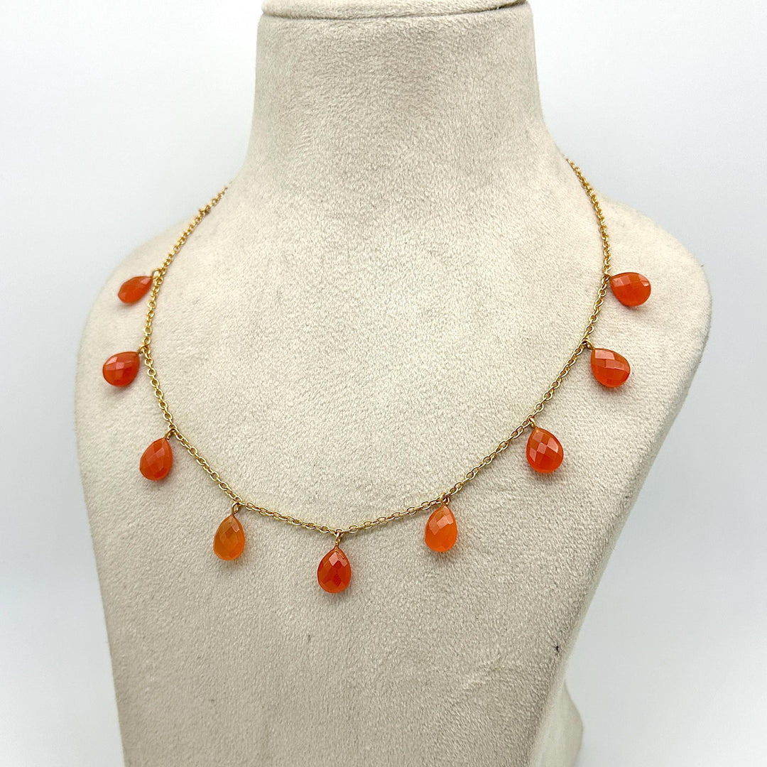 Natural Carnelian Pear Shape Beads Necklace, Tourmaline Drop Chain Necklace, Pear Gemstone Necklace, Faceted Pear Chain Necklace For Women's