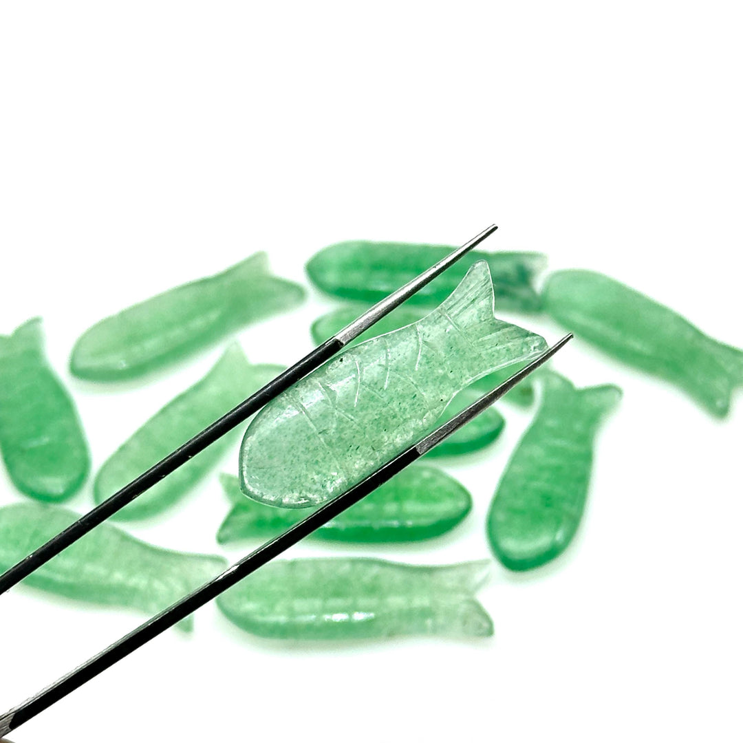 Green Strawberry Carved Fish, Green Quartz Fish Shape Carving, 10X30MM Loose Gemstone Fishes Charm, Reiki Healing Crystal Gifts