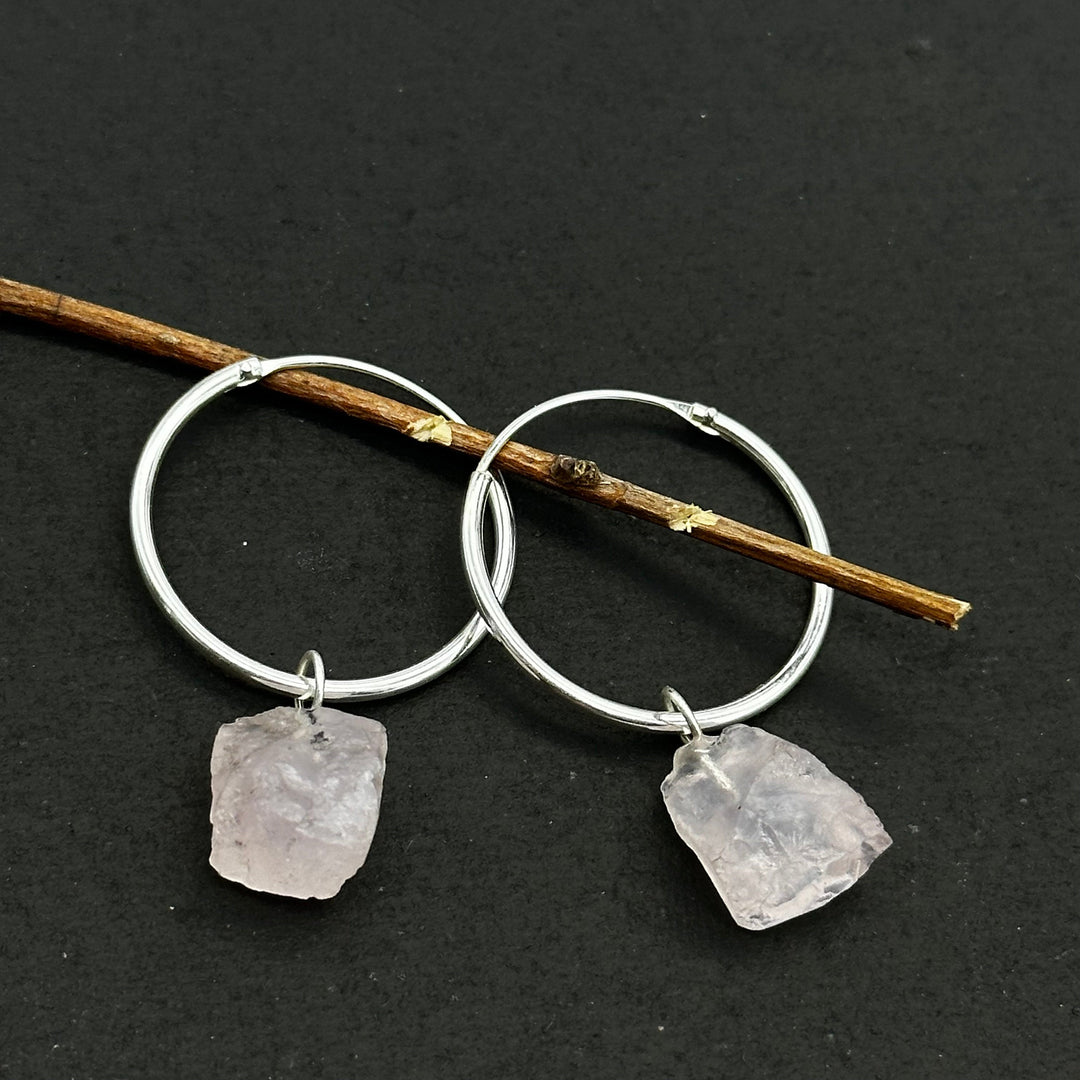 Natural Rough Rose Quartz Hoop Earings, Rose Quartz Dangle & Hoop Earrings For Girls, Gemstone Earrings, Large Hoop Earrings For Gift