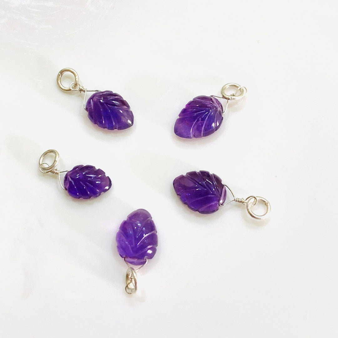 Natural 1 piece Amethyst Leaf Shape Carved Gemstone Jewellery Making Charm With 925 Silver, Necklace, Bracelet, Earrings Making Charms