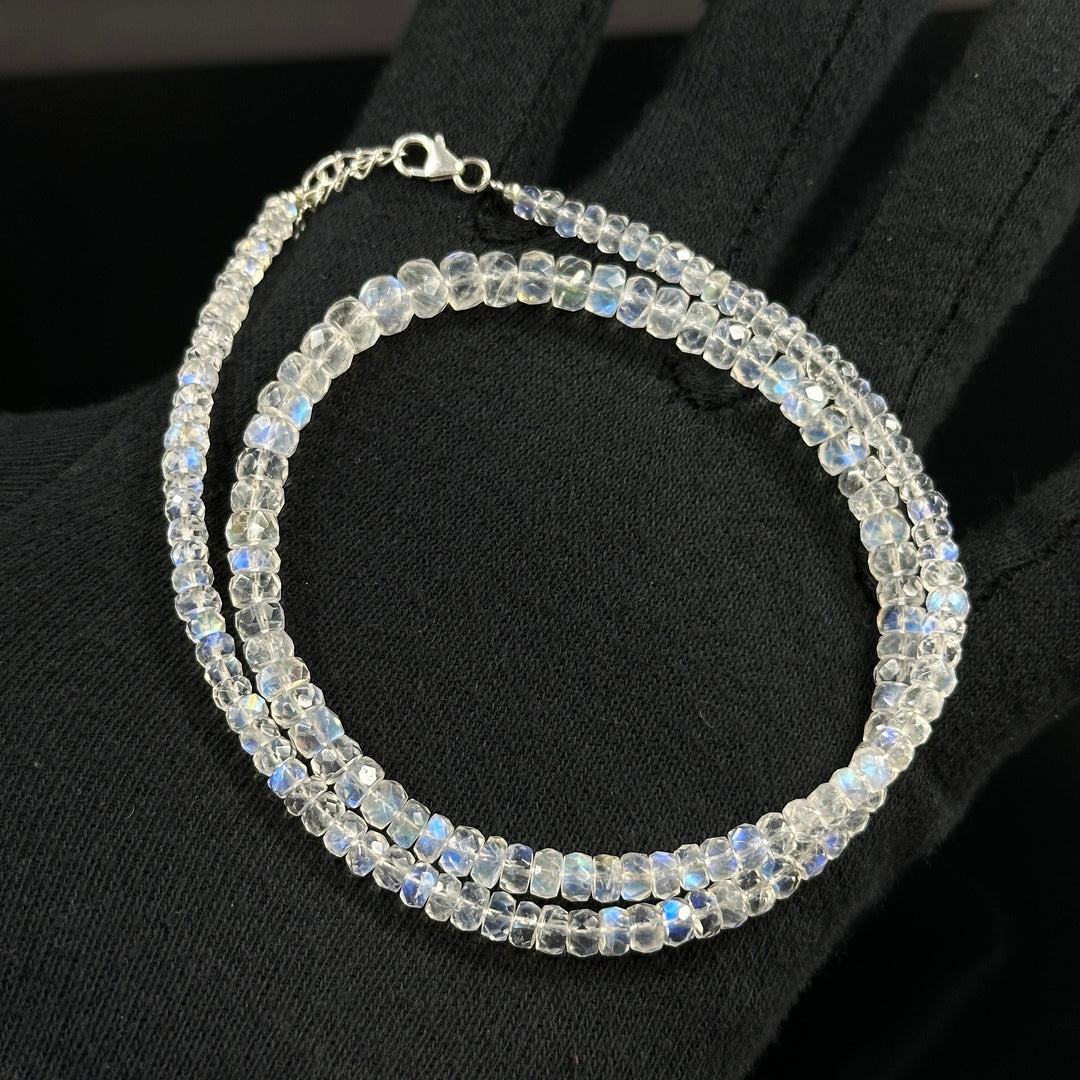 High Quality Rainbow Moonstone Beaded Necklace, Flashy Faceted Rondelle Beads Necklace, 4-6 MM Blue Fire Rainbow Gemstone Silver Necklace