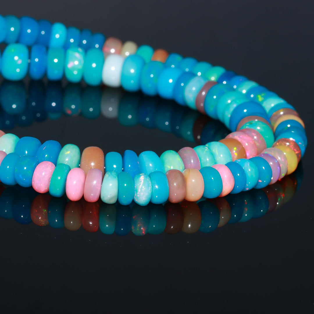 Multi Disco Ethiopian Opal Smooth Beads, AAA Multi Opal Rondelle Beads, Multi Rainbow Fire Beads, Loose Opal Beads, 6-8 MM, Blue & Pink Opal
