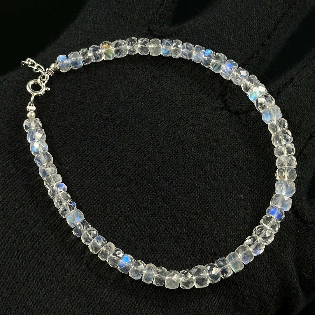 Top Quality Rainbow Moonstone Beads Bracelet, Natural Blue Flash Beads Bracelet, White Rainbow Bracelet, Gemstone Silver Anklet For Girls