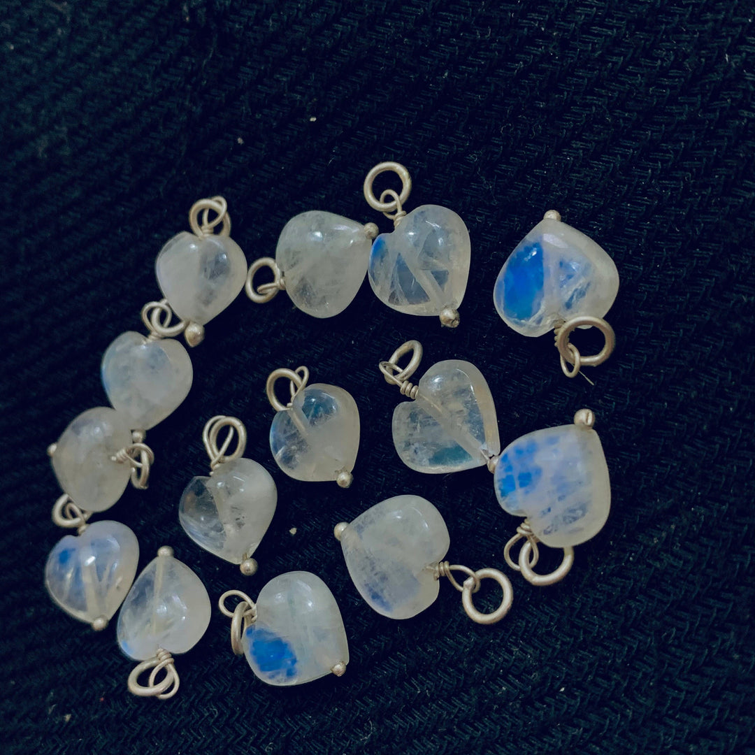 5 pcs Natural Rainbow Moonstone Heart Shape Carved Gemstone Jewellery Making Charm With 925 Silver, Necklace , Earrings Making Charms 10mm