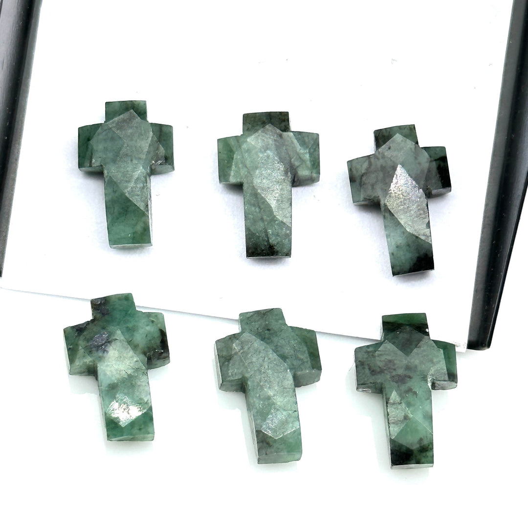Natural Emerald Cross Beads: Faceted Green Gemstone Charms (15mm)