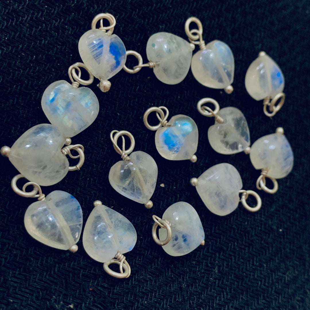5 pcs Natural Rainbow Moonstone Heart Shape Carved Gemstone Jewellery Making Charm With 925 Silver, Necklace , Earrings Making Charms 10mm