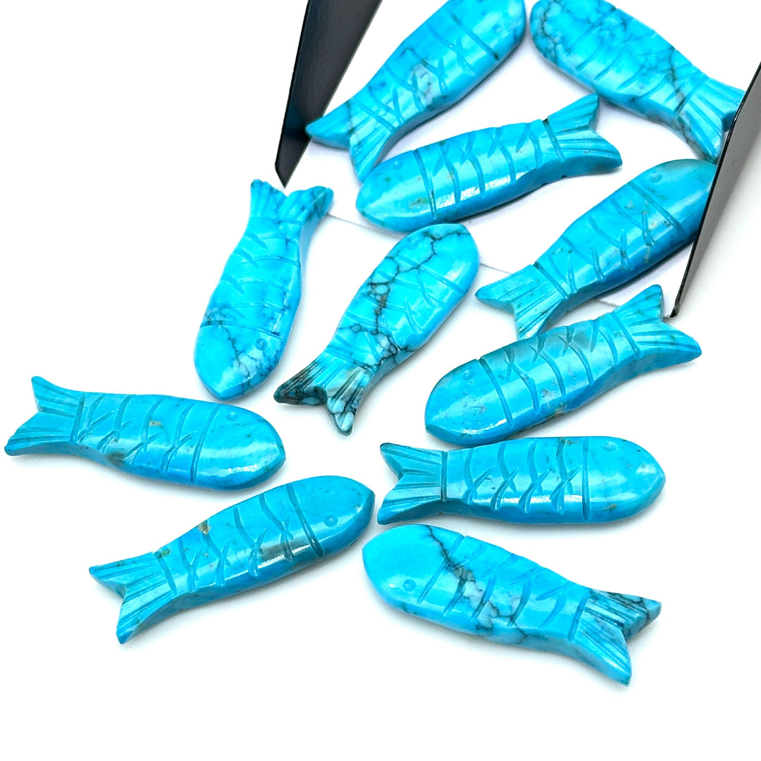 Blue Turquoise Handmade Fish Carving Beads, Blue Fish Shape Carved Gemstone, 10X30MM Loose Gemstone Fishes, Blue Fish Charm For Jewelry