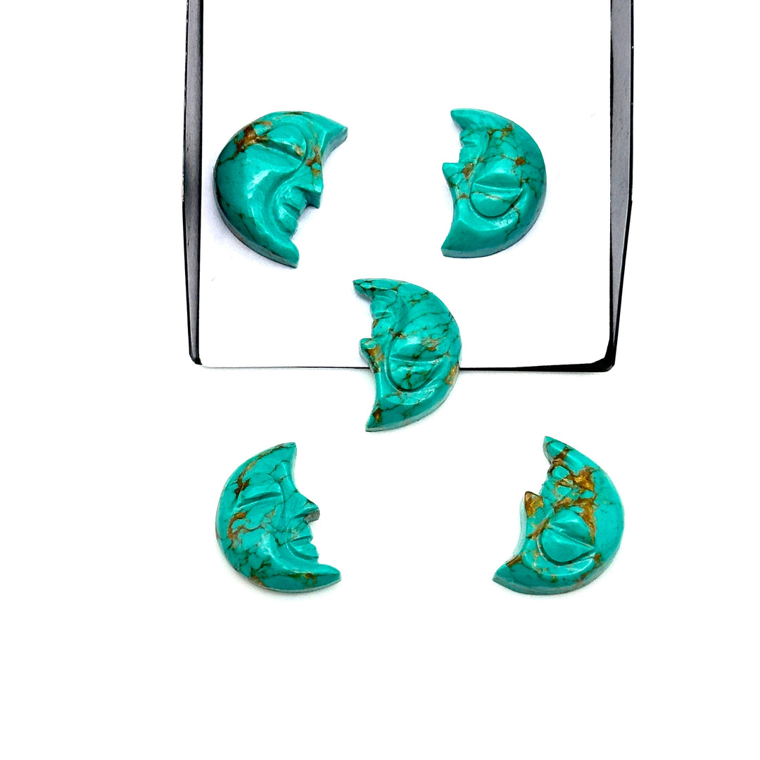 Hand Carved Copper Turquoise Moon Face Charm: Green Gemstone (18X13 MM)