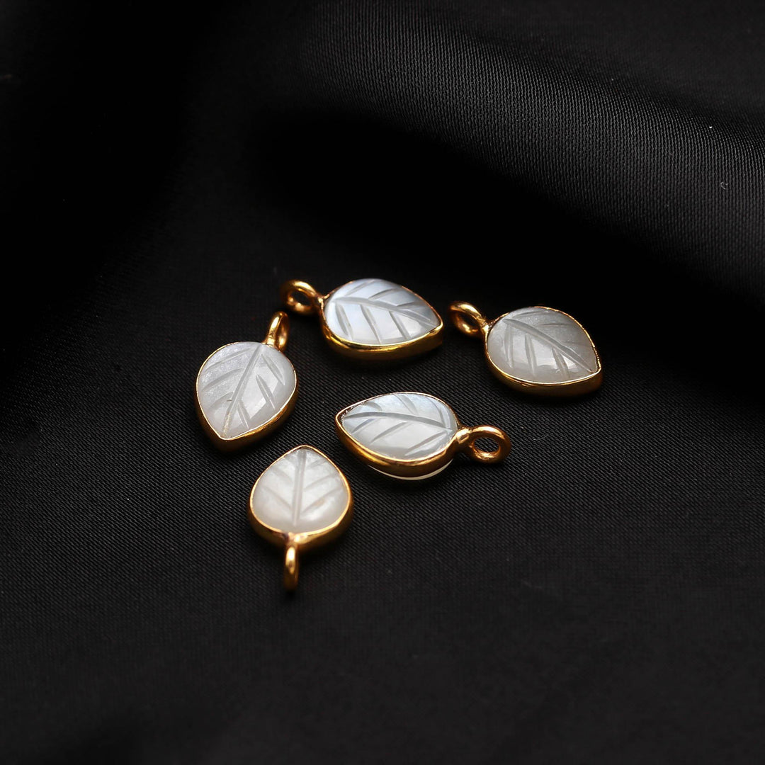 Flashy White Moonstone Leaf Pendant 15mm, 925 Sterling Silver Gold Plated Natural Charm For Making jewelry