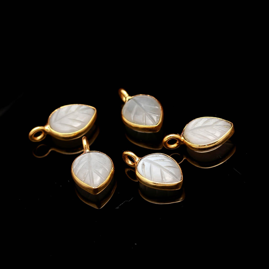 Flashy White Moonstone Leaf Pendant 15mm, 925 Sterling Silver Gold Plated Natural Charm For Making jewelry