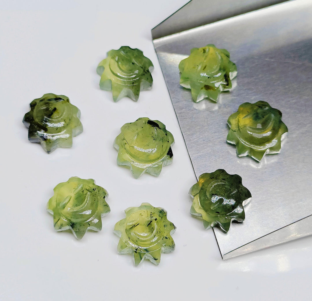 Natural Prehnite Sunflower Shape Carved Gemstone, Loose Gemstone, Fancy Shape Carving Loose Gemstone Beads for Jewlery, 12 MM Prehnite Beads