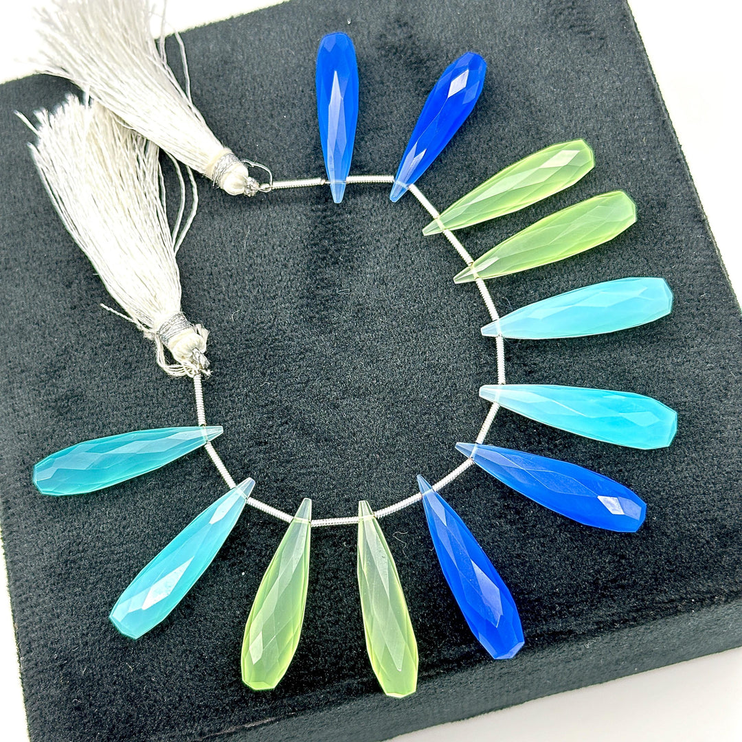 Matched Pairs - Blue, Green & Aqua Chalcedony Long Drop Shape Briolette's, Faceted Teardrop Beads, 7X30 mm Drops Beads For Earring Making