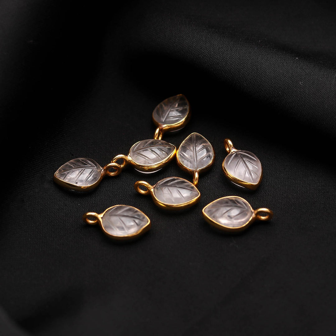 Natural Rose Quartz Leaf Shape Pendant 15mm, 925 Sterling Silver Gold Plated Charms For Making DIY Jewelry