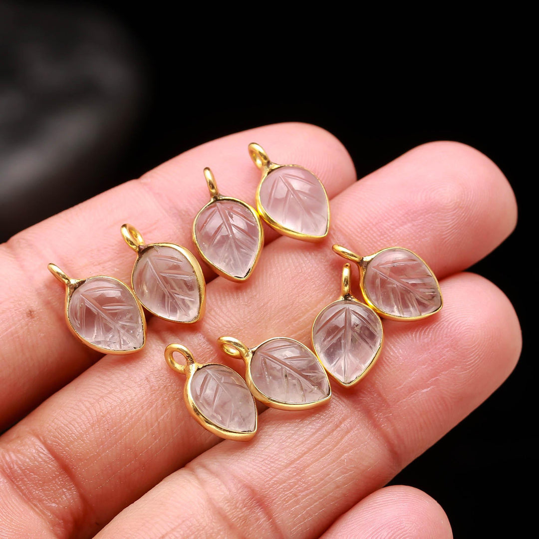 Natural Rose Quartz Leaf Shape Pendant 15mm, 925 Sterling Silver Gold Plated Charms For Making DIY Jewelry