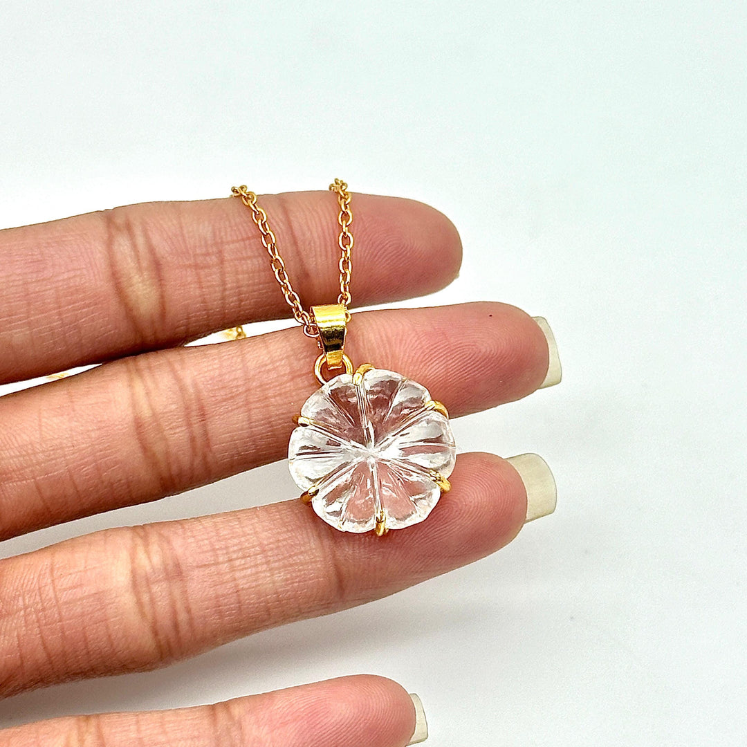 Natural Crystal Quartz Flower Pendant, Crystal Hand Carved Flower Necklace, Flower Gemstone Necklace For Her, 17 mm Flower, Bridesmaid Gifts