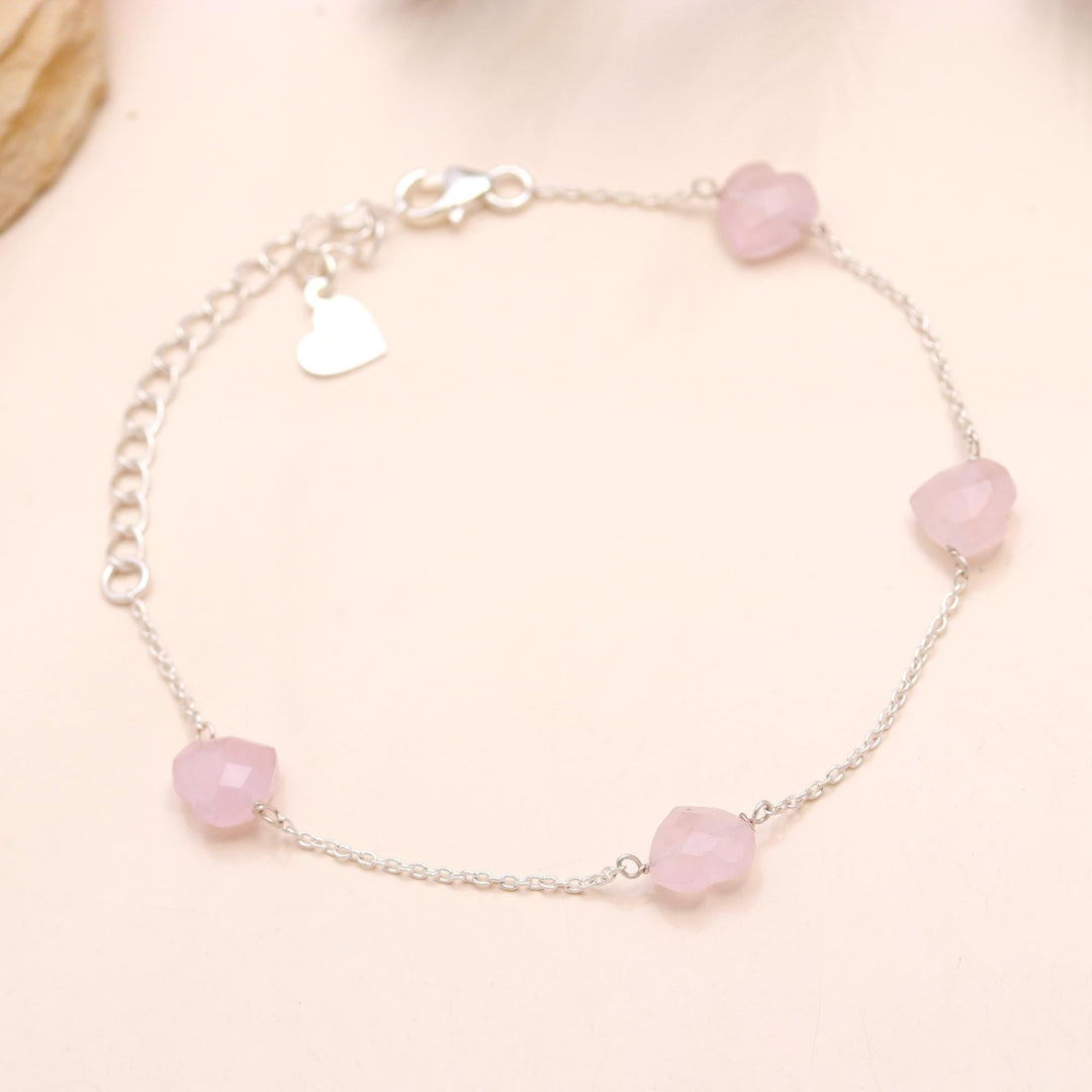 Rose Quartz Heart Bracelet: 925 Sterling Silver Chain, Handmade